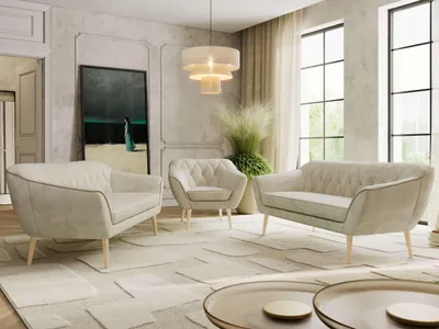 Produktbild von MKS MEBLE Couchgarnitur PIRS 3-3-1, Set mit Armlehnen, Wellenfederung, Buche Füße, Dreisitzer Sofas mit Sessel, Sitzgruppe Wohnzimmer - Beige Velvet