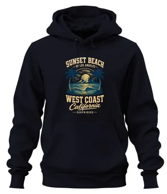Immagine prodotto di Felpa con cappuccio, Sunset Beach, Los Angeles, West Coast, California, Palmen, USA, colore blu navy, taglia S