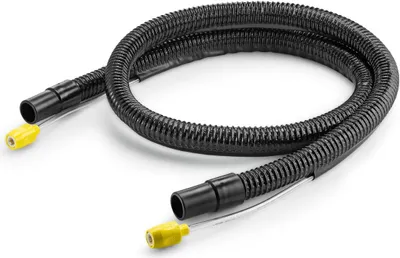 A black corrugated hose with black connectors and yellow tips, coiled on a white background.