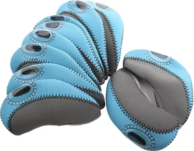 Image de set de 10 housses de protection pour fers de golf, néoprène, gris/bleu ciel, avec fenêtre pour protéger les clubs