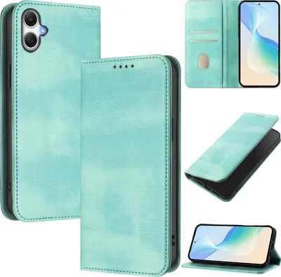 Image de Étui pour Samsung Galaxy A05, étui en cuir vintage avec protection RFID, fentes pour cartes, support Turquoise