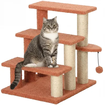 Image de Escalier pour animaux PawHut avec griffoir et balle, escalier pour chat à 3 marches, marron