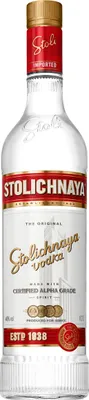 A clear, well-lit studio shot of a Stolichnaya vodka bottle against a white background.