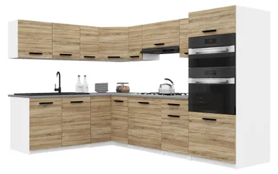 Obrázok produktu pre Belini Moderná kuchynská linka ITALIA 8 – kuchynský nábytok 420 cm, dub Sonoma – vstavaná kuchyňa s hornými skrinkami, spodnými skrinkami a pracovnými doskami