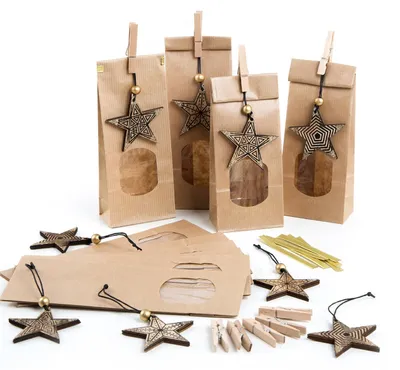 Produktbild von Logbuch-Verlag 9 Teetüten Blockbodenbeutel mit FENSTER Weihnachten kleine Verpackung zum Befüllen für Lebensmittel 7 x 20,5 x 4 cm braune Tüten