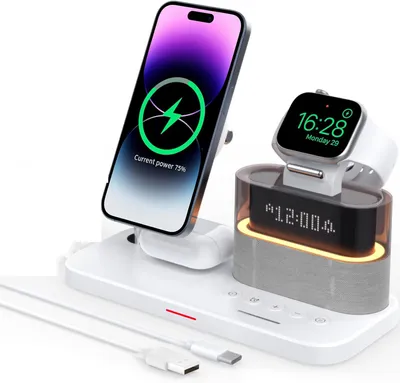 Produktbild von 5 in 1 kabelloses Ladegerät mit Wecker für Apple, Magnetischer kabelloser Ladeständer für iPhone 16/15/14/13/12, Apple Watch
