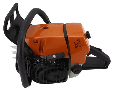 A side view of an orange and black chainsaw power head against a white background.