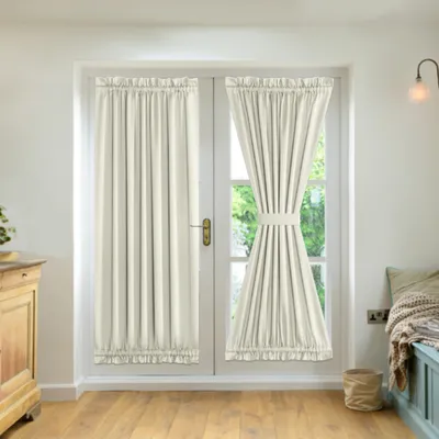 Zdjęcie produktu dla Zestaw 2 sztuk francuskich zasłon drzwiowych 63 x 182 cm, izolujących ciepło i zapewniających prywatność, zasłony na drzwi szklane i okna z uchwytem do marszczenia