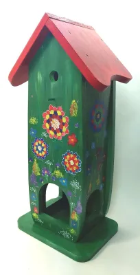Produktbild von Vogelhaus, Nistkasten mit Futterstelle aus Holz handbemalt 32x21x64 cm grün-rot