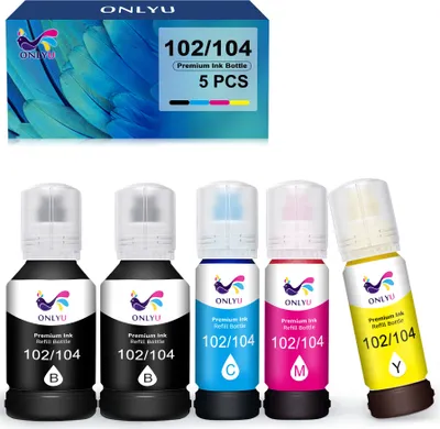 A set of five ink refill bottles, with a box of the same product shown above.