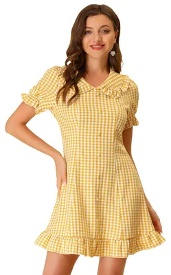 Produktbild von Allegra K Damen Minikleid mit Gingham-Karos, gerüscht, Peter-Pan-Kragen, 1960er-