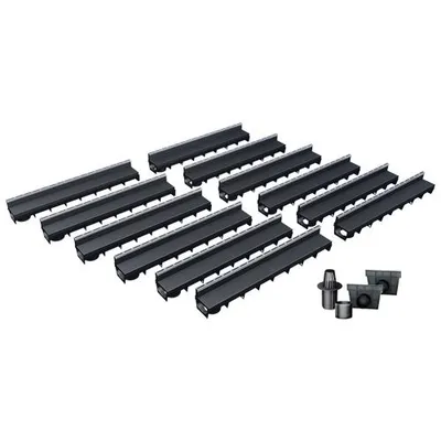 Produktbild von 12er Pack MEAPARK - Entwässerungsrinnen mit Schlitzaufsatz + E-BLADE S Edelstahl Profile