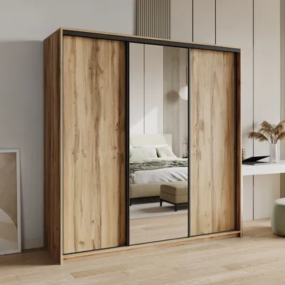 Produktbild von Masseno Schiebetürenschrank TAVI 200/205/60 cm Kleiderschrank mit Schubladen Schlafzimmer Schrank 3-türig mit Spiegel Eiche Wotan + Schwarz