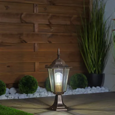 Produktbild von LUMILED Wegeleuchte Vintage Außenleuchte 230V 38 cm Laterne Sockellampe Aluminium Patina Glas spritzwasserdicht IP44 E27 Fassung Outdoor Garten