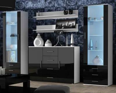 Produktbild von Furniture24 Wohnwand SOHO 3 mit Blauer LED Beleuchtung, Anbauwand, Wohnzimmerschrank, Schrankwand, Vitrine, Sideboard, Hängeregal Weiß/Schwarz Hochglanz