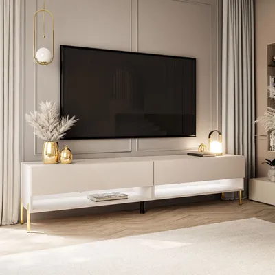 Produktbild von RTV Schrank CALANTE 180 cm auf Beinen mit LED-Beleuchtung Kaschmir gerade gold Chrom Beine