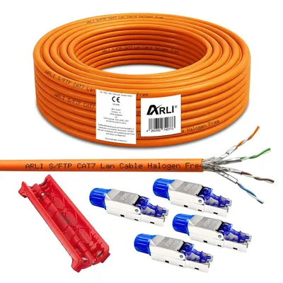 Produktbild von ARLI Cat7 50 m Verlegekabel S/FTP LSZH + 4x RJ45 Netzwerkstecker Cat8.1 werkzeuglos + Abisoliermesser Ethernet LAN