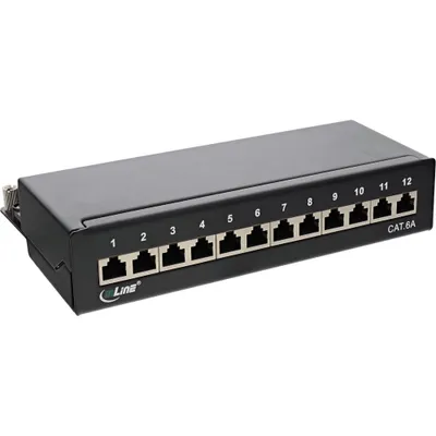 Produktbild von InLine Patchfeld Cat.6A 12-fach, Montage auf Hutschiene (TS35), schwarz, RJ-45, Cat6a, Schwarz, 110 x 220 x 44 mm, 110 mm, 44 mm