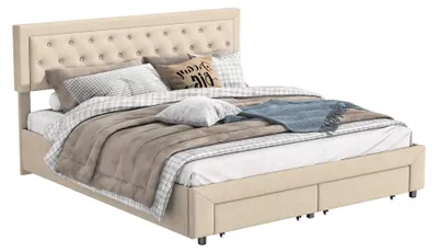 Productafbeelding van Gestoffeerd bed - Tweepersoonsbed - 160 x 200 cm - Hydraulische opbergruimte - 2 lades - Houten frame - Beige