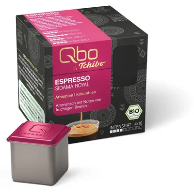 Produktbild von Tchibo Qbo Espresso Sidama Royal Premium Kaffeekapseln, 8 Stück (Espresso, Intensität 4/10, aromatisch fruchtig), nachhaltig, -Siegel, aus 70% nachwachsenden Rohstoffen¹