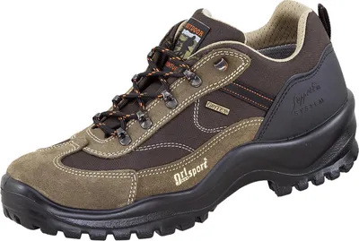 A single brown and beige hiking shoe is shown against a white background.