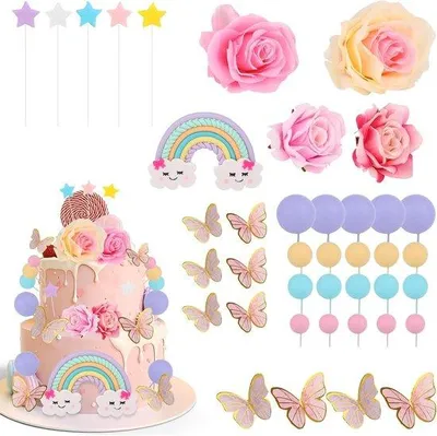 Image de Décoration de gâteau arc-en-ciel avec des boules en forme de papillons pour les anniversaires et les mariages