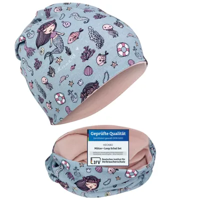 Produktbild von HECKBO Meerjungfrau Kinder Mädchen Beanie Mütze & Loop-Schal Set - Wendemütze - 2-8 Jahre - 95% Baumwolle - weiches & pflegeleichtes Stretch-Material - Jahreszeiten