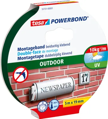 Produktbild von TESA Powerbond OUTDOOR, Montageband, Schwarz, 5 m, Draußen, Mauerziegel, Metall, Kunststoff, Stein, 19 mm