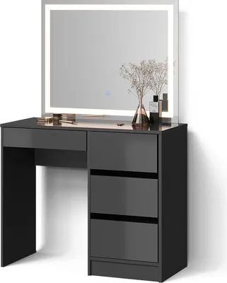 A modern, dark gray vanity table with a large, illuminated mirror.