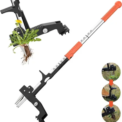 Produktbild von Unkrautentferner stehend, 4-Klauen Unkrautstecher mit verstellbarem Stiel, ohne Bücken, Edelstahl & Aluminium, für Rasen & Garten