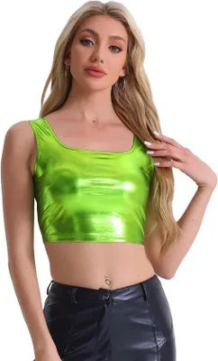 Produktbild von Metallic Tanktop für Damen, Glanzend Grün, Größe L - Partykleidung, Clubkleidung, Bauchfreie Crop Top