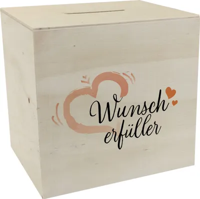 Produktbild von Spardose aus Holz mit Herzmotiv und Text - Wunscherfüller mit Herzchen