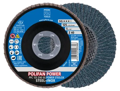 Image de PFERD TOOLS POLIFAN POWER Disque à lamelles PFC conique Gamme SG STEELOX pour l'acier/l'acier inoxydable