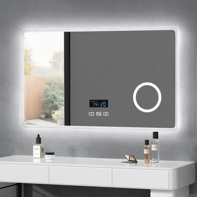 Produktbild von Heilmetz LED Badspiegel 100 x 60 cm mit Beleuchtung, Bluetooth Badezimmerspiegel Dimmbar Beschlagfrei mit Uhr, 3-Fach Vergrößerung, 3000K 4000K 6500K