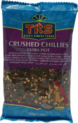 A bag of crushed chillies with text and graphics.