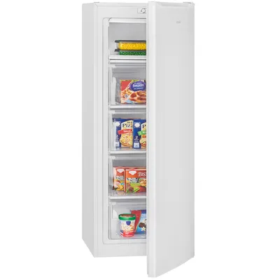 A white upright freezer with its door open, showing several drawers filled with frozen food items.