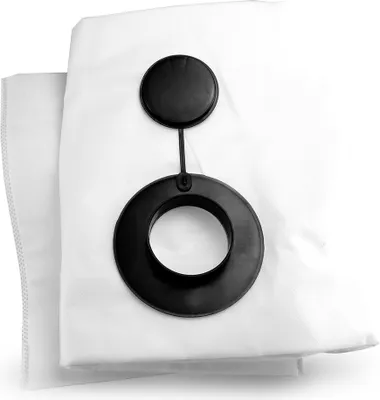 A close-up view of a white vacuum cleaner dust bag with a black plastic seal and connector.
