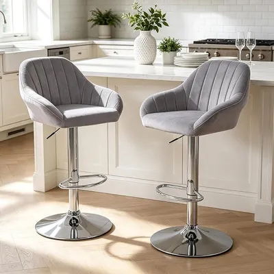 Imagen del producto de Juego de 2 taburetes para bar, con altura ajustable, giratorios, ideales para desayunos, color gris