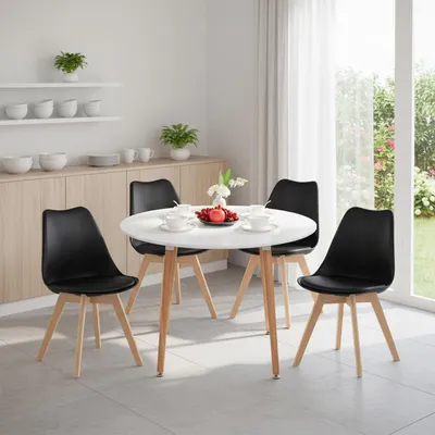 Productafbeelding van Eettafel met 4 stoelen, eethoek, 100 cm, wit met zwarte beukenstoelen