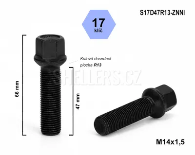 Obrázek produktu pro Kolový šroub M14x1,5x47 koule R13, klíč 17, S17D47R13-ZNNI, černý, výška 66 mm