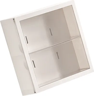 A white display case with two shelves, viewed from a diagonal angle.