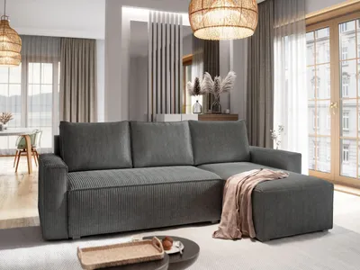 Produktbild von Masseno Ecksofa POTARO mit Schlaffunktion L-Form, Sofa mit Bettkasten, Wohnzimmersofa, Couch, Soffa, Bettsofa, Couchgarnitur- Grau, POSO 60