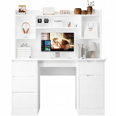 Obrázok produktu pre Moderný biely písací stôl s hornou policou, 4 zásuvkami a policami do kancelárií a pracovní