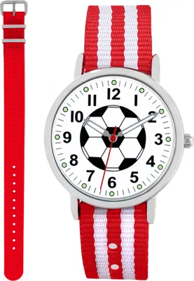 Produktbild von Pacific Time Fußball Armbanduhr Kinder Jungen Mädchen 2 Wechselarmbänder rot + rot weiß 86924