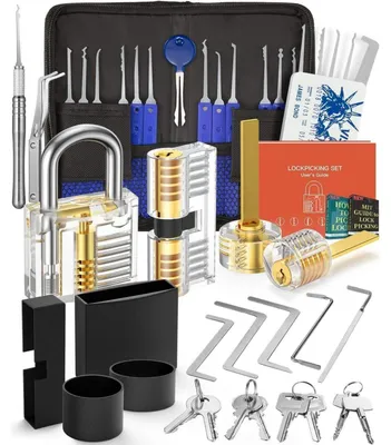 Produktbild von Lockpicking Set 38+4 Teile mit transparenten und schwarzen Übungsschlössern, Anleitung für Anfänger & Profis