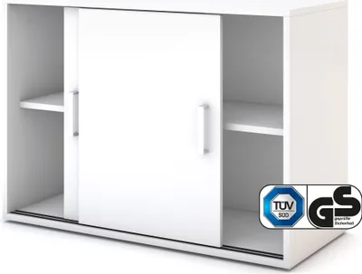 A white sliding door cabinet with shelves, shown from the front.
