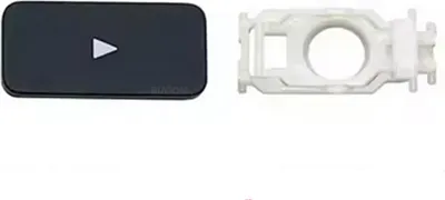 A black rectangular button with a white play icon and a white plastic component are shown against a white background.