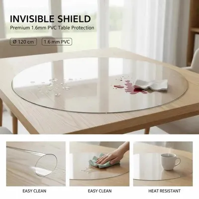 Image de Protection de table en PVC - Nappe ronde - Diamètre 120 cm - Épaisseur 1,6 mm - Imperméable - Résistante aux rayures - Transparente