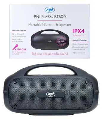 Immagine prodotto di PNI FunBox BT600, altoparlante portatile con Bluetooth, 65W, lettore MP3, slot per schede