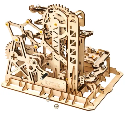 A wooden mechanical marble run toy.